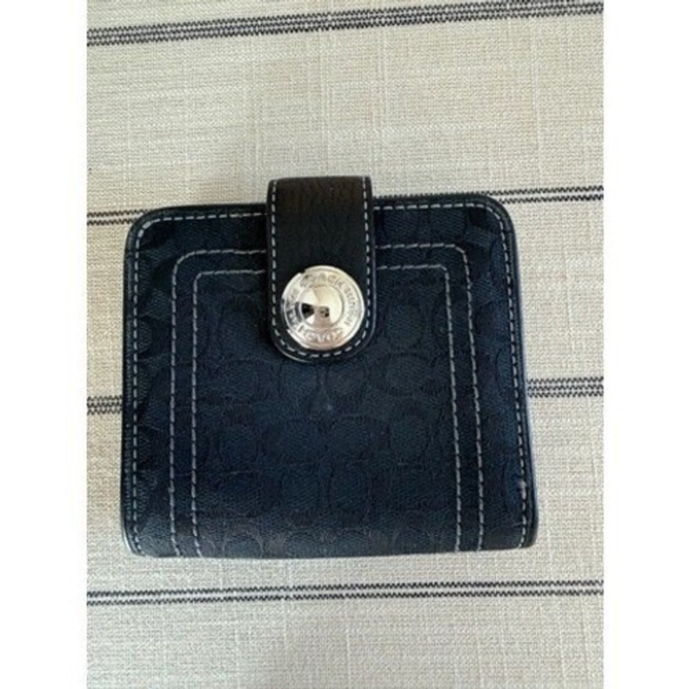 Coach Black Signature Jacquard Small Bifold Wallet Snap Closure Silver Hardware